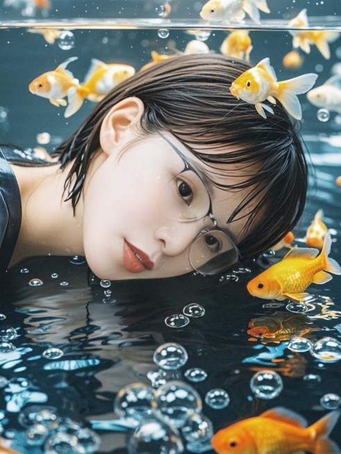短发少女，水下，金鱼，半身照,做成宽1920高1080的高清壁纸预览效果