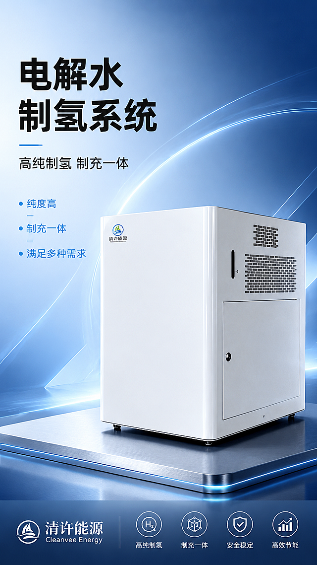 [第1屏] 详情页头图-清许能源电解水制氢系统主视觉海报。本屏使用【图2】作为商品主体，参考【图1】的科技蓝白风格。
[氛围/风格] 高端工业科技风，深蓝渐变背景，几何线条与光晕，商业摄影质感，理性专业。
[元素布局] 白色柜式电解水制氢系统设备置于画面右侧偏中，占比约60%，45°斜侧视角，机身正面朝向左侧；左侧留标题区；背景为深浅蓝色渐变，叠加弧形光晕、几何斜线和科技感线条；底部有金属质感台面承托设备；设备物理结构、比例轮廓、白色机身、正面柜门、品牌logo与输入产品图一致。
[光影质感] 左上方主光源，右侧辅助光，设备边缘有轮廓光，底部自然投影，整体通透有质感。
[配色色系] 全局底色 #E8F0FA 浅蓝渐变至 #1A3A6B 深蓝；主色蓝白；辅助色科技蓝光效、深灰文字。
[视角构图] 微仰视，产品为视觉中心，阅读动线左上标题→右侧产品→底部信息条。
[文字版式] 版式为左上大标题+右侧产品+底部信息条。主标题「电解水制氢系统」，副标题「高纯制氢 制充一体」，两行粗黑体左对齐；标题下三行短卖点「纯度高」「制充一体」「满足多种需求」，用蓝色圆点分隔；底部信息条标注品牌「清许能源」；文字不遮挡设备主体。
[比例分辨率] 9:16 竖版比例，4K 分辨率，文字清晰可辨，高清画质。
[负向提示词] 设备变形，缺件错件，颜色偏差，水印，文字错乱，产品图模糊，背景杂乱，文字过小。