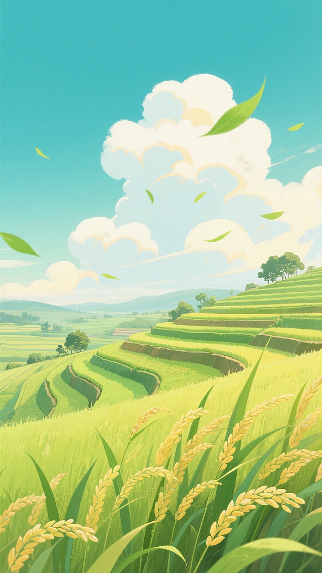 清新明亮的日系插画风格，画面主体为一望无际的绿色梯田稻田，近处是随风轻摇的金黄稻穗，稻叶呈现鲜绿与嫩黄色渐变，梯田层次分明，向远方延伸至天际线，背景是蓝绿色渐变的天空，点缀着蓬松的白色和淡黄色云朵，几片绿色的稻叶在空中轻盈飘落，整体色调明快柔和，光影温暖，营造出宁静、治愈、充满生机的田园氛围，远处有零星的树木点缀，构图开阔，空间感强，充满自然清新的美感。