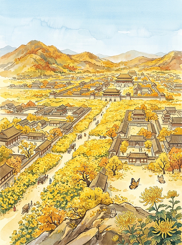 根据古诗待到秋来九月八，我花开后百花杀。冲天香阵透长安，满城尽带黄金甲绘制，画面不包含诗句，整体保持现有参考图片的淡雅水彩国风插画风格，画面展现秋日长安被金黄色菊花铺满的壮阔景象