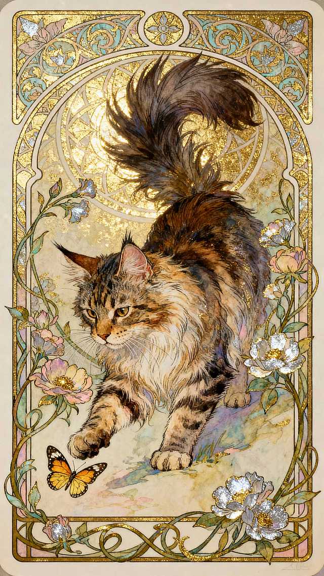 中间是一只缅因猫在扑蝴蝶，毛发根根分明，身体也是毛茸茸的，四周有花朵和藤曼环绕着，背景上有一些拜占庭风格的花纹