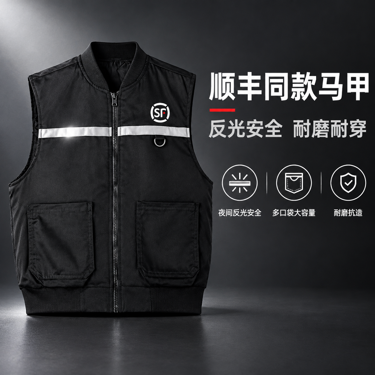[主图-1] 顺丰马甲核心卖点首图，展示顺丰同款黑色反光条工作… - 图片创意预览