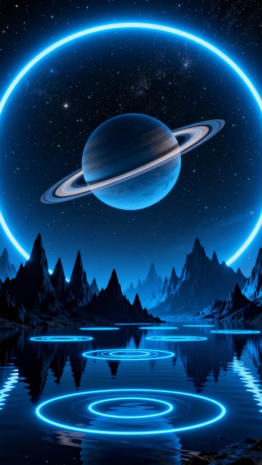 一张具有未来感和科幻氛围的3D渲染场景，以深邃的深蓝色和亮蓝色为主色调，画面中央有一个巨大的发光蓝色圆环横跨天际，圆环内是一颗带有明显环状结构的行星，背景是布满星星的黑色夜空。前景是平静的水面，水面上有多个发光的蓝色同心圆光圈，光圈在水面形成清晰的倒影。远处是连绵起伏的尖锐黑色山脉，山脉轮廓在蓝色光线下显得神秘而壮丽，整体光影效果突出，光线柔和且具有强烈的层次感，营造出宁静而又充满科技感的宇宙……预览效果