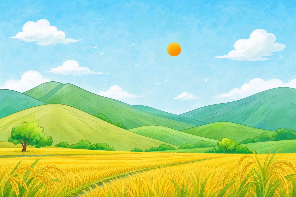 手绘插画，保留连绵的青山、蓝天太阳和前景金色水稻田地，去掉房子和长城，竖向延展画面，整体风格清新扁平手绘风预览效果