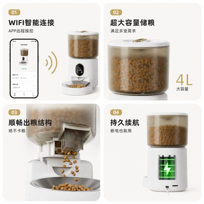 「图片1」，生成一套主图（7张），商品名称是智能喂食器，卖点是智能、不卡粮，适配拼多多平台，主图比例为1:1预览效果