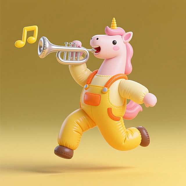拟人小马身着黄色工装服，橙色织带装饰点缀，小马跃起来，跃起时前蹄扬起，抬头手持银色小号，张嘴吹奏，号口有黄色音符，深浅黄色渐变底