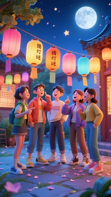 卡通风格插画，画面中有5个20-30岁的现代年轻人，男女比例均衡，他们围在挂满彩色灯笼的庭院里猜灯谜，灯笼上写着“猜灯谜”三个字，人物穿着休闲时尚的服装，表情兴奋又专注，有的指着灯笼思考，有的小声讨论预览效果