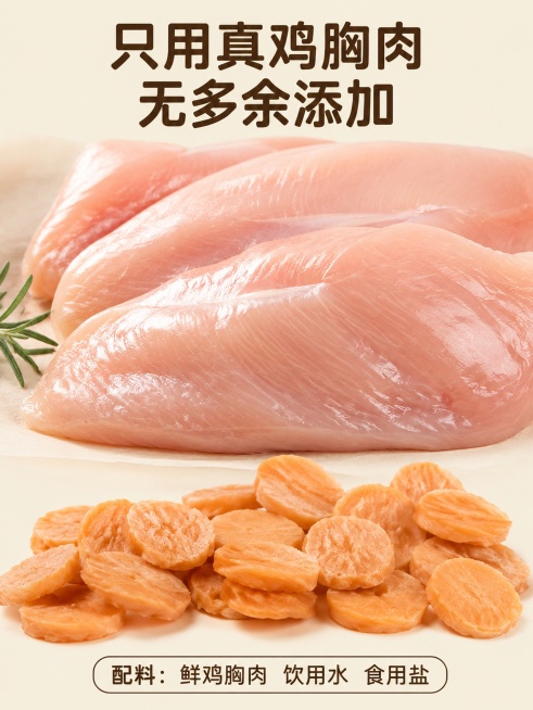 [第2屏] 成分原料展示屏，鸡肉圆片宠物零食，突出纯鸡胸肉核心卖点。
[氛围/风格] 食材自然风，真实食材展示，清晰通透，高信息密度，商业摄影质感。
[元素布局] 整块新鲜鸡胸肉占据画面上半部分约60预览效果