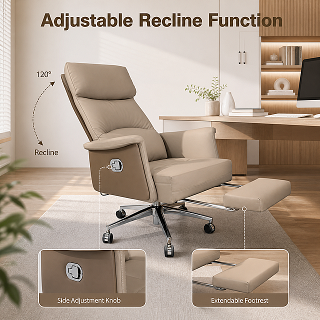 [Main Image 2] Ergonomic function demonstration of the office chair, show adjustable tilt function with reclined backrest
[Aesthetic Style] Consistent with image 1, modern minimalist office scene, unified lighting style
[Image Quality] Commercial photography texture, soft and transparent light, clear and realistic product, clean and advanced picture. Keep the product appearance (physical structure, material texture, color khaki beige leather, chrome-plated base with wheels) exactly the same as the input product image, eliminate any deformation and color difference, refined processing. Full screen without border.
[Elements] The chair is placed in the same modern office environment as image 1, showing the backrest tilted to 120 degrees, the footrest extended. Use thin dashed lines and arrows to mark the adjustable parts: highlight the adjustable knob on the side, connect with thin lines and text description, add two small rounded picture-in-picture at the bottom, show the lock adjustment mechanism and extended footrest details respectively.
[Lighting] Consistent side soft natural light, warm tone, consistent light direction with image 1.
[Color Matching] Same color scheme as image 1: khaki main color, light wood and white auxiliary colors, keep consistent. All text content is in English.
[Perspective Composition] 7:3 composition, focus on the functional adjustable part, level perspective, clear focus.
[Text Layout] Main title on top "Adjustable Recline Function", large bold, highlight. Two picture-in-picture at bottom, each with text labels: "Side Adjustment Knob", "Extendable Footrest", text clear, contrast with background, do not block product. Consistent font with image 1. Keep the product consistent with the original image.