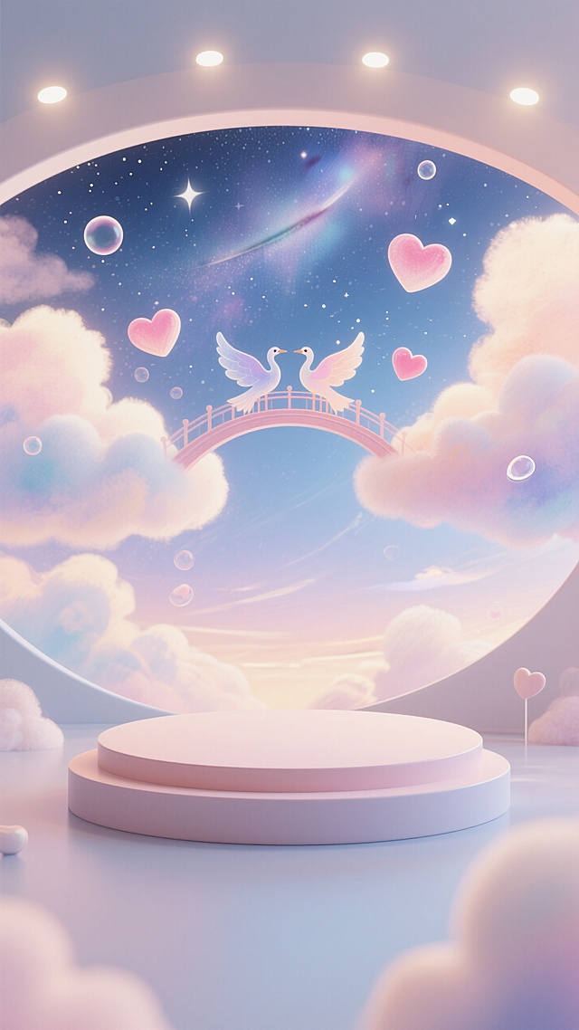 画面前面是一个圆形展台，治愈插画风
"温暖水彩星空 / 云朵鹊桥插画 / 漂浮的爱心气泡 / 柔焦光晕效果 / 马卡龙色系 / 极简负空间构图"