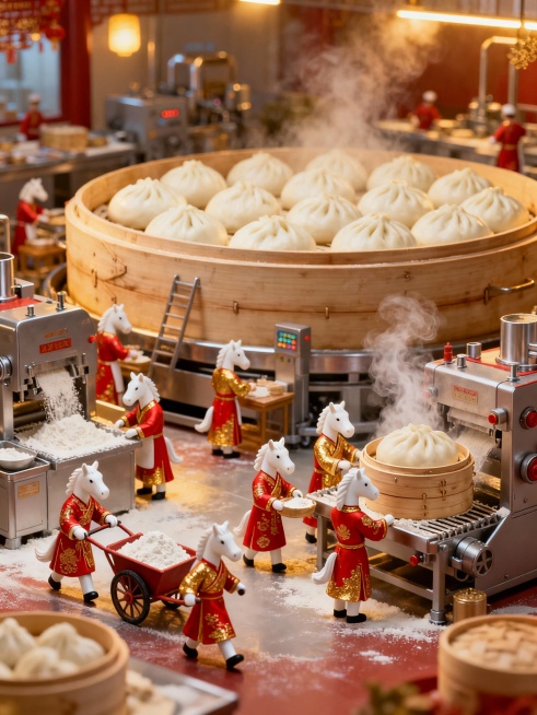 微缩景观，一群穿着新春风格汉服的白色小马在巨大的包子工厂里忙碌。他们正在制作和包装巨大的包子，有的小马拉着小推车运送面粉，有的小马在机器前操作，有的小马看着冒着热气的蒸笼。背景是一个繁忙的包子工厂，展预览效果