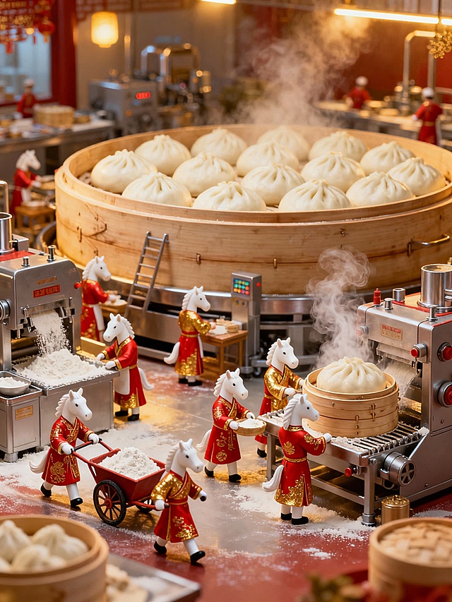 国潮风微缩艺术场景，拟人化马形角色身着中式红金服饰，忙碌于蒸笼与机器间，3D粘土质感融合卡通感，喜庆氛围扑面而来。
