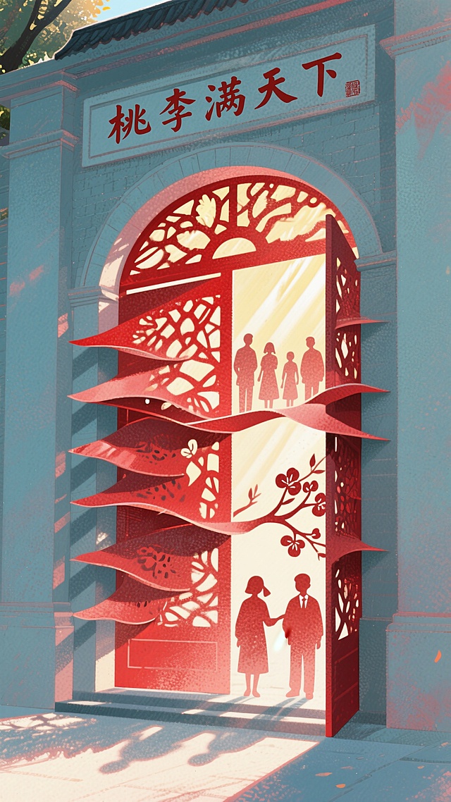 中式感插画风，剪影与剪纸结合，展现“桃李满天下”主题，光影交错，寓意深远。