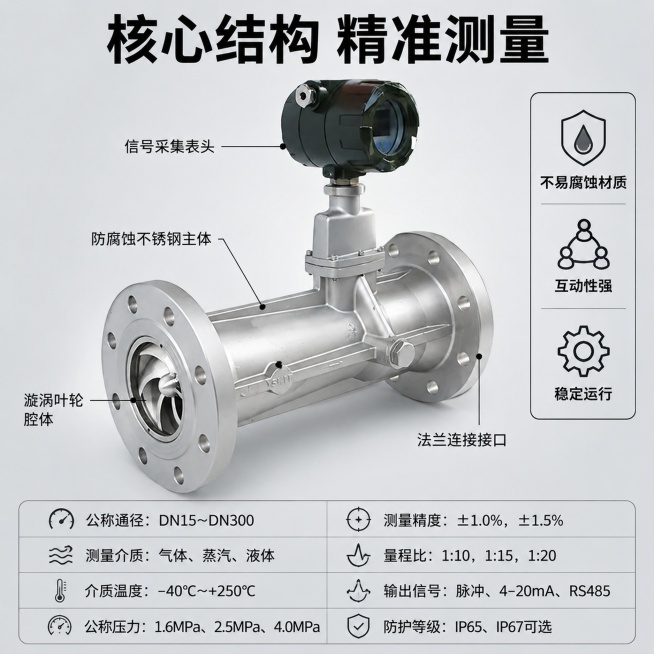 [主图-2] 旋进漩涡流量计核心结构亮点展示；
[氛围风格] 高信息密度技术展示页，专业可信；
[画质] 商业摄影质感、结构细节清晰、金属纹理锐利，画面干净通透；
[元素] 流量计主体大图居中展示，保预览效果