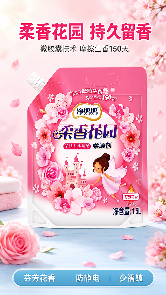[第1屏] 详情页头图-净妈妈1.5kg柔香花园柔顺剂产品宣传海报。本屏使用【图1】作为商品主体。
[氛围/风格] 清新柔美的花香氛围，温馨干净洗护风格，高清商业摄影质感，画面柔和浪漫，符合抖音/快手短视频平台视觉要求。
[元素布局] 净妈妈柔顺剂包装袋放置在画面中心偏上位置，占据画面约65%主体区域。保持包装袋粉色渐变底色、花卉装饰、品牌logo、仙女城堡图案、产品文字信息、白色吸嘴盖的物理结构、材质质感、颜色与输入产品图完全一致。背景为浅粉色柔焦渐变，四周点缀散落的粉色樱花和玫瑰花瓣，底部增加浅蓝色洗衣台台面，营造洗护清新氛围，整体层次分明，无边框满铺。
[光影质感] 左上方柔和主光照亮包装袋，右下角形成自然柔和投影，整体通透干净，产品边缘清晰真实，色彩还原准确。
[配色色系] 全局底色：#FFEEF4（浅粉）；主体配色：延续产品本身粉色+白色+深紫文字；辅助色：#E8F4F8（浅蓝台面）+ #2D2D2D（深灰文字）。
[视角构图] 正面平视视角，主体居中放置，画面重心稳定，顶部预留主标题区域，底部放置卖点信息条，符合手机端竖向阅读动线。
[文字版式] 顶部放置主标题"柔香花园 持久留香"，深粉色粗体字，居中对齐，字号约为画面宽度的8%，醒目不遮挡主体。主标题下方副标题"微胶囊技术 摩擦生香150天"，小号深灰色字，居中。底部浅蓝信息条放置三个卖点"芬芳花香 | 防静电 | 少褶皱"，白色文字清晰分隔，不遮挡产品主体。所有文字清晰可辨，适合手机端阅读。
[比例分辨率] 9:16 竖版比例，4K分辨率，超高清，文字清晰。
[负向提示词] 包装袋变形，吸嘴盖缺失，颜色偏差，包装文字错乱，水印，文字模糊，背景杂乱，结构错误。