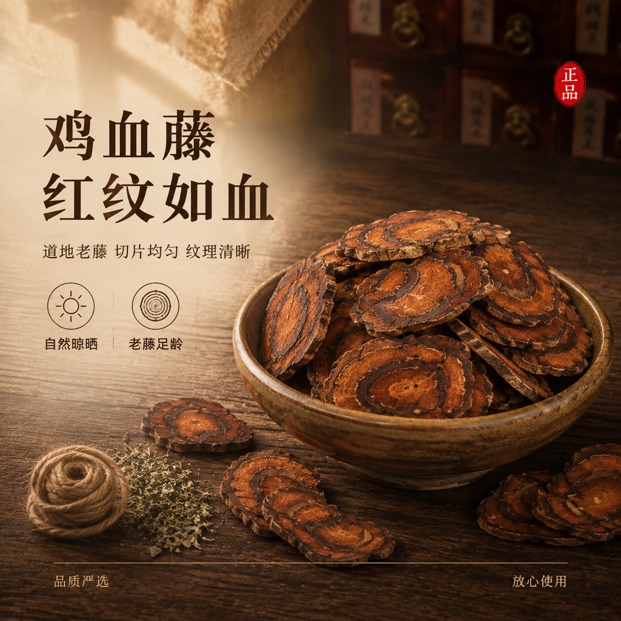 [副图-鸡血藤] 鸡血藤单品药材副图，延续首图暖木国风风格。… - 图片创意预览