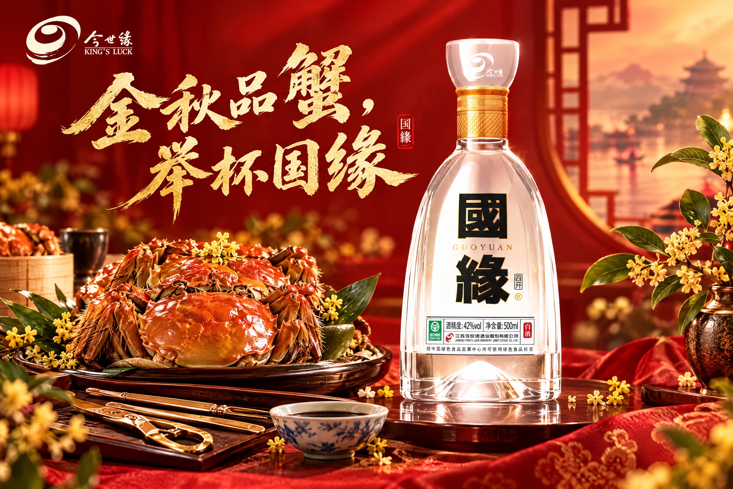 金秋品蟹宴活动主视觉海报，横版3:2比例，红色系喜庆背景，画面… - 图片创意预览
