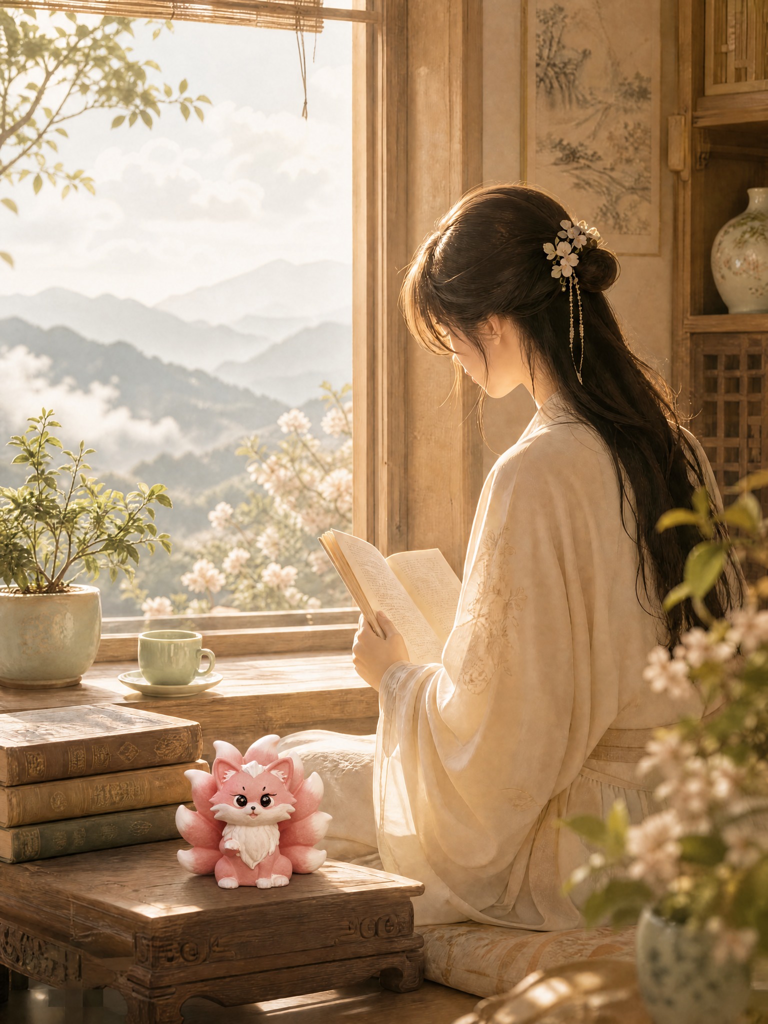 保持原图的国风窗边场景、女子背影看书的姿态、暖色调光线、背景山… - 图片创意预览