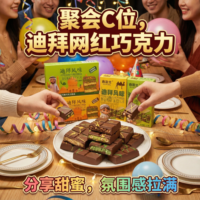 这张图片是产品主体这款产品是迪拜巧克力， 产品克重分别是45克和25克，口味有榛子味和开心果味    我需要设计20张主图在拼多多上面售卖 主图场景布局能用到的多场景元素布局显得高级一些      场预览效果