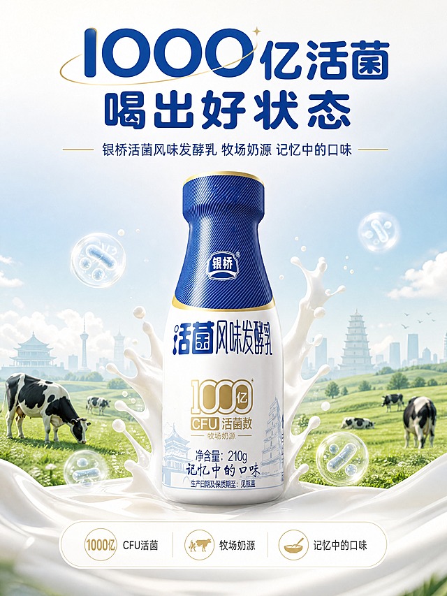[商品] 使用【图1】银桥活菌风味发酵乳瓶装产品；保留瓶身结构、蓝白金色配色、银桥Logo、"活菌风味发酵乳"字样、"1000亿CFU活菌数"字样、"牧场奶源"字样、"记忆中的口味"字样、西安地标线描图案、净含量210g字样；产品角度为正面微侧45度，增强瓶身光泽与材质质感，不改变包装结构和文字内容。
[画面] 目标：食欲氛围头图，突出1000亿活菌+牧场奶源核心卖点。构图：上文下图，顶部标题区占30%，中部产品主体占50%，底部牧场远景占20%。产品居中偏下，占画面55%，瓶身悬浮于草原牧场之上，周围环绕新鲜牛奶飞溅、乳酸菌粒子光点特效，前景有几滴新鲜奶液，远景是绿色草原与奶牛剪影，西安钟楼大雁塔剪影融入天际线。阅读动线：从上至下，标题→产品→卖点icon→牧场背景。前中后景三层：前景奶滴飞溅、中景产品主体、后景草原牧场+城市剪影。
[视觉] 套系策略：风格=国内电商食品饮料高级商业摄影+3D渲染质感；标题字=圆润无衬线粗体（亲和感）；正文字=简洁无衬线体；主色=奶白色+品牌蓝；背景延展=从奶白色渐变到浅蓝绿色草原天空，同色系深浅层级；强调色=金色，仅用于小面积数字高亮、图标、引线和标签；标题色=深蓝色；正文色=深灰色；组件=圆角浅底信息卡、细线引线、圆形卖点icon；光影=左前侧柔和自然光，瓶身有清晰高光带。
[文字] 顶部居中主标题「1000亿活菌 喝出好状态」，副标题「银桥活菌风味发酵乳 牧场奶源 记忆中的口味」；产品下方横向排列3个圆形卖点icon：①1000亿CFU活菌 ②牧场奶源 ③记忆中的口味；文字不遮挡瓶身主体Logo和核心文字区域，所有文字横排。
[规格] 图片比例3:4竖版，4K分辨率，负向提示：避免变形、错字、文字过小、包装文字错乱、瓶身结构改变、冷蓝灰主色、人物面部、低俗元素、极限词。