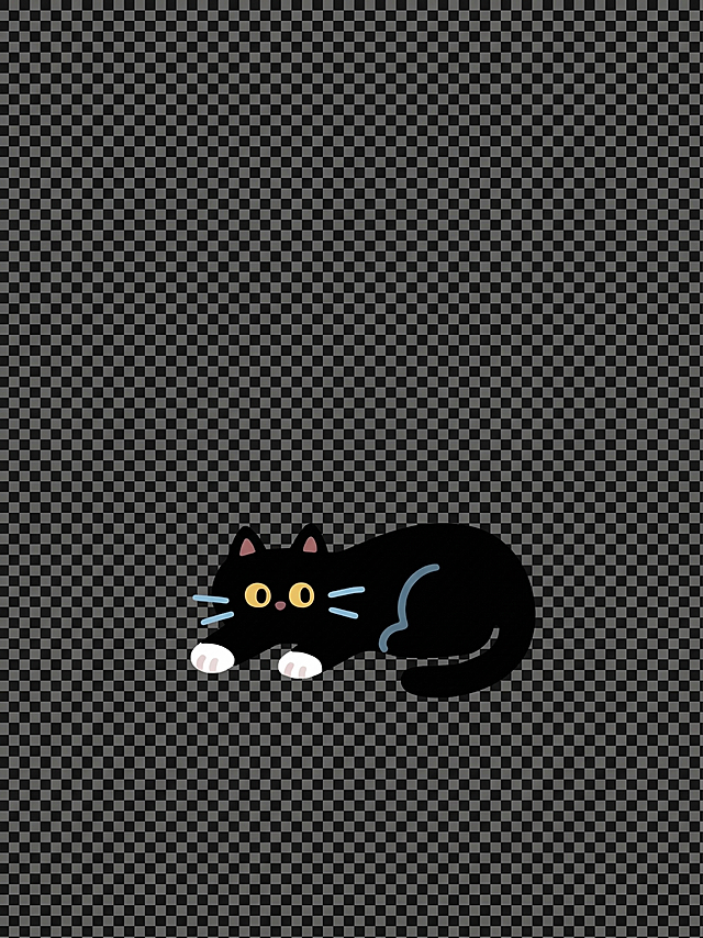 只保留图片中的黑色小猫，删除沙发和背景文字等所有其他内容，保留小猫的姿势、风格和颜色不变，输出透明背景