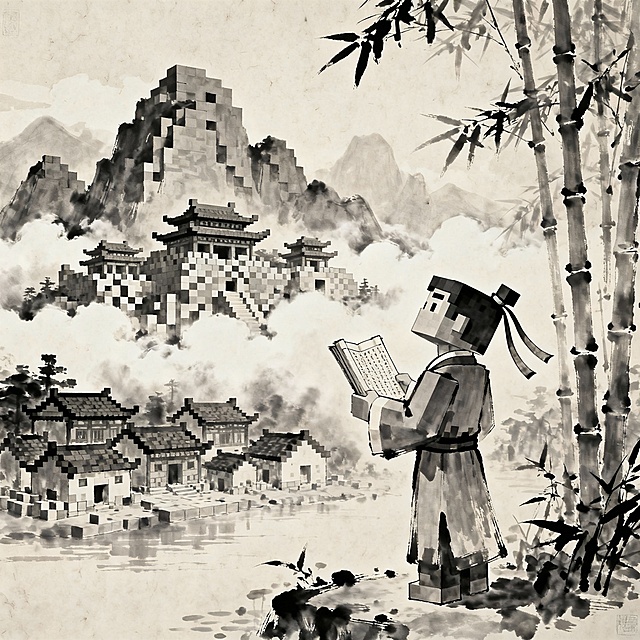 中国水墨结合像素风格的脸，有趣～如果再将他做成视频像素少年在朗读诗词