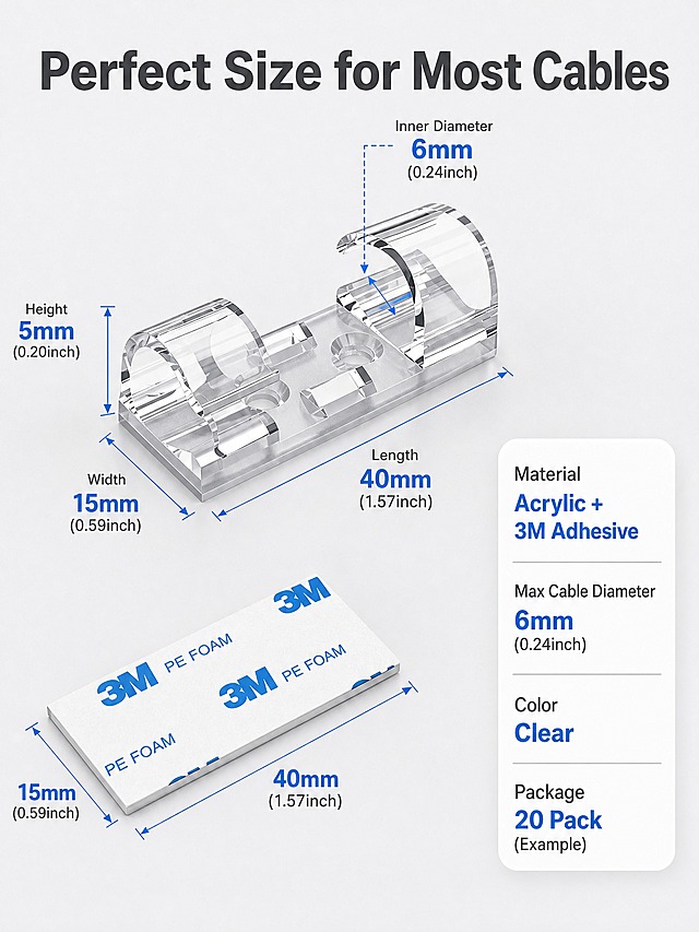 [主图-5] Clear Cable Clips with Strong Adhesive 产品尺寸规格参数图。
[统一基调] 亚马逊跨境信息图风格，浅灰白色背景，简洁技术感，标题字色深灰，参数数字蓝色，辅助文字深灰。
[画面] 画面主体是一个透明理线夹的正等轴测视角3D展示，位于画面中央偏左，占比约50%。理线夹完整展示其长方体底座、双卡槽卡扣结构、整体透明亚克力材质。有多条带箭头的尺寸标注线清晰指向产品的长宽高各个维度，标注线为细蓝色线条，端点有箭头。旁边还展示了一片背胶贴纸的尺寸。画面右侧是参数信息区域。
[证据组件] 尺寸标注包括：长度40mm(1.57inch)、宽度15mm(0.59inch)、高度5mm(0.20inch)、卡槽内径等关键尺寸，同时标注毫米和英寸两种单位。右侧有一个简洁的参数卡片，列出：Material - Acrylic + 3M Adhesive、Max Cable Diameter - 6mm、Color - Clear、Package - 20 Pack（仅作示例数量）。
[光影质感] 干净的影棚产品摄影质感，均匀柔光，透明材质有清晰的边缘高光和立体感，尺寸标注精确清晰，整体专业严谨。
[配色] 浅灰白背景，透明产品，蓝色尺寸线和数字，深灰色文字，整体简洁专业。
[文字版式] 画面顶部大标题 "Perfect Size for Most Cables"。尺寸数字用较大号蓝色粗体，单位文字较小深灰色。右侧参数卡片为白色圆角矩形，内有参数项目和对应数值，左对齐排列。所有文字为英文无衬线字体，字号层级清晰。
[输出要求] 比例3:4，尺寸标注清晰，产品形态准确，文字清晰可读，无变形、错字、模糊、水印、平台Logo。