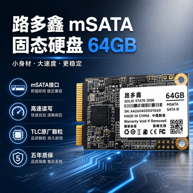 拼多多电商主图，1:1尺寸，图中是路多鑫MSATA固态硬盘64GB版本，卖点是MSATA接口，高速读写，TLC原厂颗粒，五年质保，科技简约背景，突出产品和核心卖点，适合电商推广预览效果