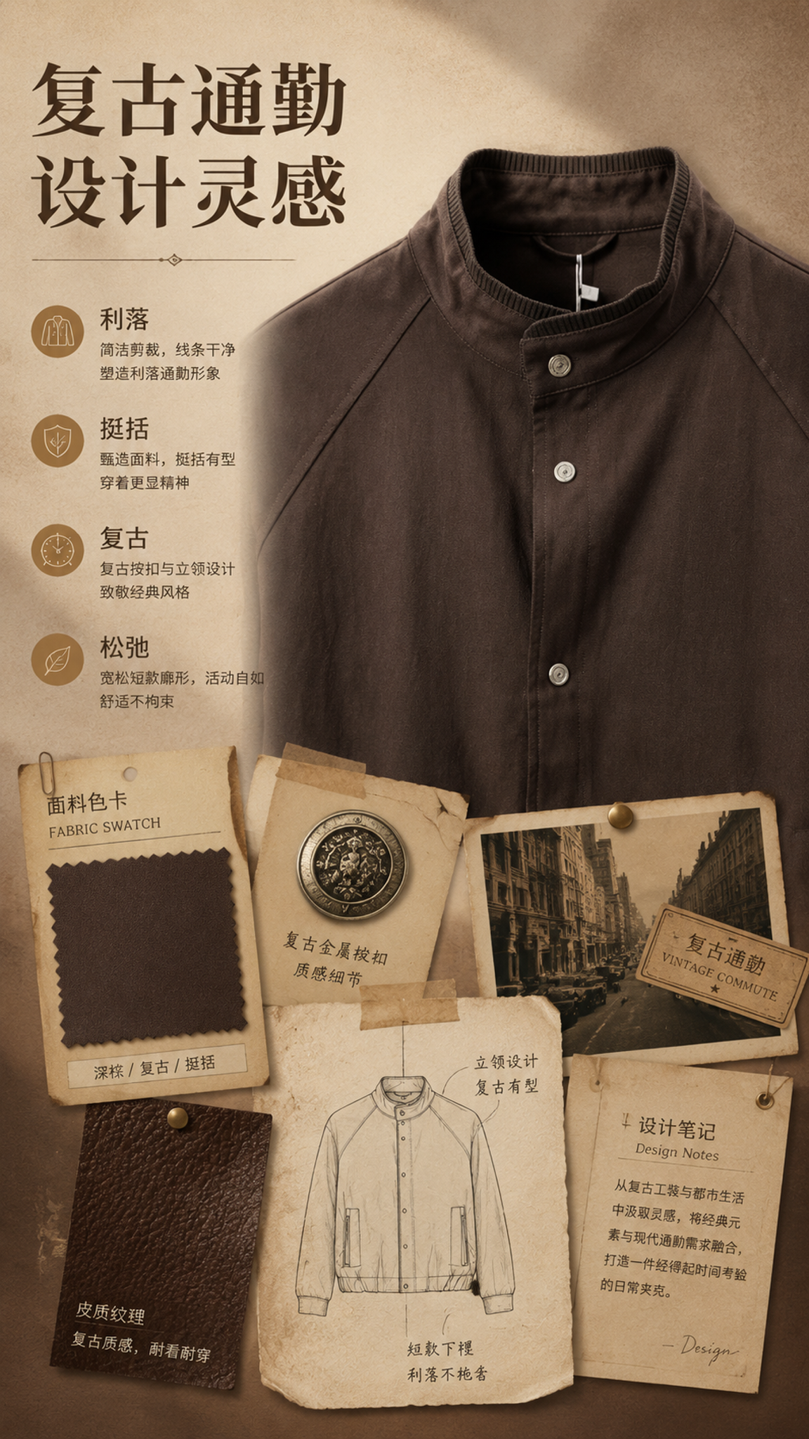 [商品] 使用【图1】深棕色复古立领短款夹克；商品处理：保留立… - 图片创意预览