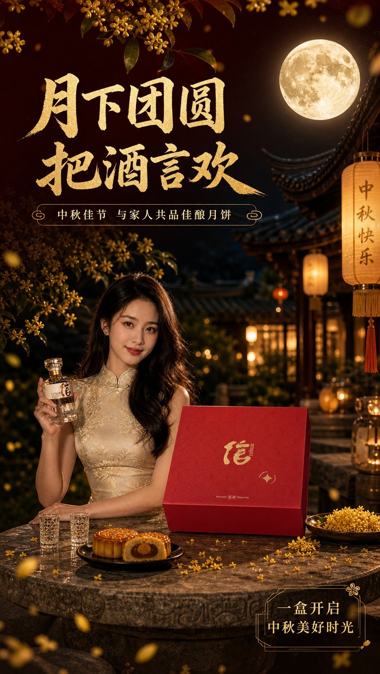 [商品] 使用【图1】中秋信礼礼盒及中式月夜场景；保留红色礼盒… - 图片创意预览