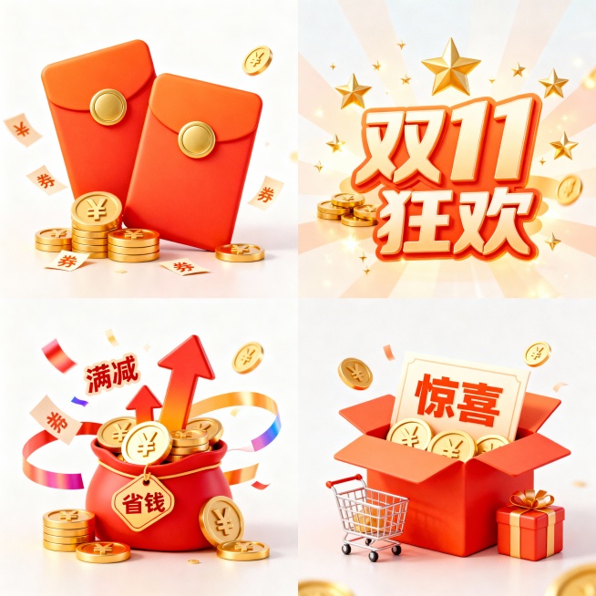 一套4个规整排布的电商促销素材，保持原素材的明亮卡通插画风格，主色调为橙红色与金色渐变，光影柔和有立体感，物体边缘圆润光滑。第一个为原素材：两个橙红色传统红包，搭配金色圆形封口，下方堆叠着带有"¥"符预览效果