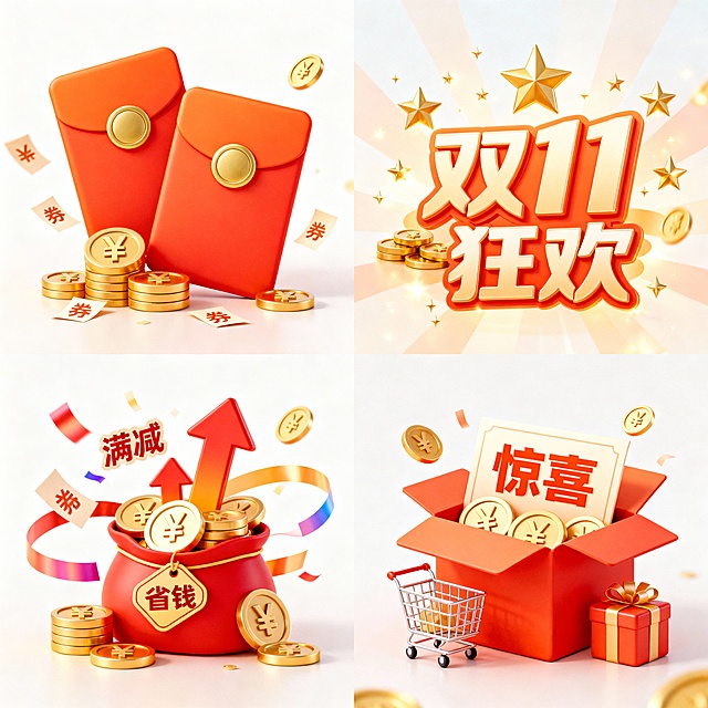 一套4个规整排布的电商促销素材，保持原素材的明亮卡通插画风格，主色调为橙红色与金色渐变，光影柔和有立体感，物体边缘圆润光滑。第一个为原素材：两个橙红色传统红包，搭配金色圆形封口，下方堆叠着带有"¥"符号的金色硬币，散落着"券"字小纸片和飞舞的金币。第二个变体：红包和金币旁添加"双11"艺术字，背景融入闪烁的金色星星和"狂欢"字样。第三个变体：红包上装饰"满减"标签，金币堆旁增加向上的箭头和"省钱"文字，周围环绕促销彩带。第四个变体：红包设计成打开状态露出"惊喜"字样，金币旁添加购物车和礼盒元素，整体构图紧凑饱满，营造热闹喜庆的双11电商促销氛围，所有元素保持统一的卡通质感和光影效果，无LOGO、电话地址及二维码。