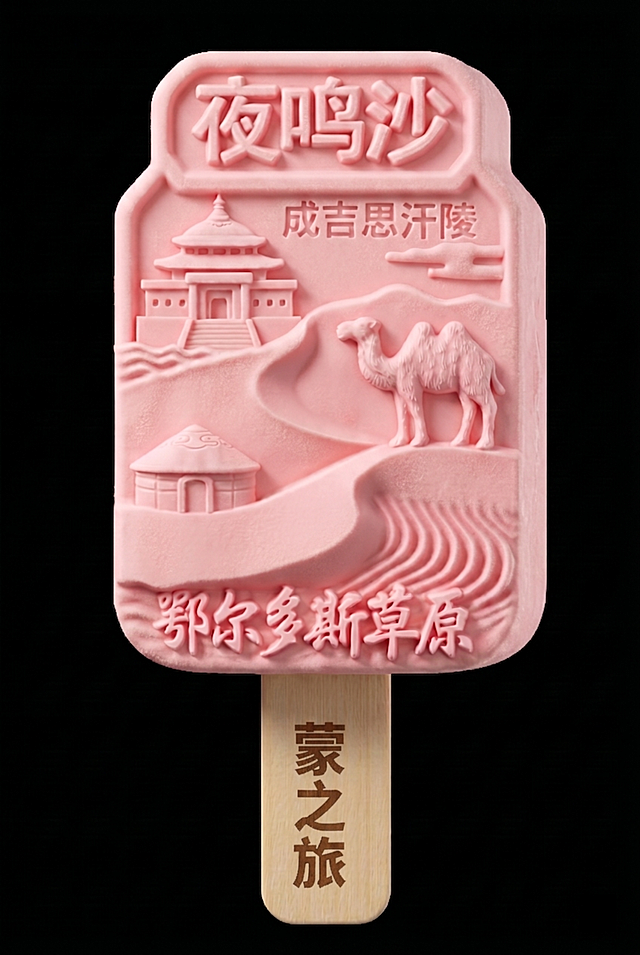 保持粉色雪糕所有雕刻图案、文字、角度不变，将雪糕整体修改为柔和奶油风质感，将雪糕棍上的“蒙之旅”三个字颜色修改为棕色，保持黑色背景不变，细节清晰，4K超清