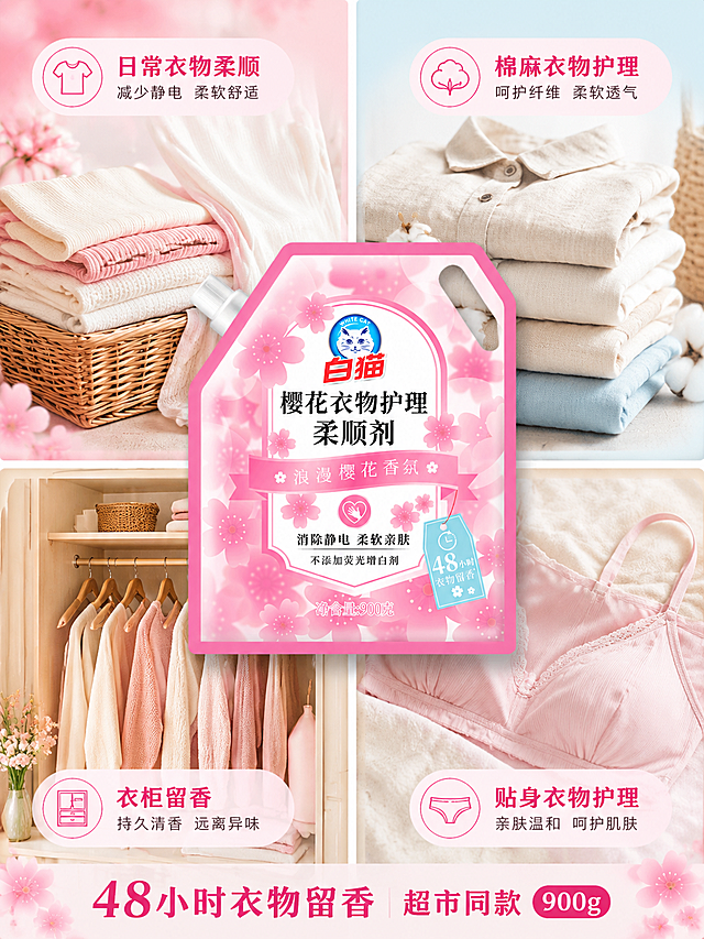 [主图-4] 樱花柔顺剂多场景适用展示图。
[氛围风格] 温馨生活化的多场景展示，亲切自然；
[画质] 商业摄影质感、光线柔和通透、产品清晰真实、画面干净高级。
[元素] 画面采用四宫格布局展示适用场景：左上-日常衣物柔顺、右下-贴身衣物护理、左下-衣柜留香、右上-棉麻衣物护理，产品主体放置在画面中心区域，每个场景搭配简约小图标。保持产品外观（物理结构、材质质感、颜色）与输入产品图绝对一致，杜绝任何变形和色差，精细化处理。整体构图丰富不拥挤，每个场景清晰展示。
[光影] 统一柔和自然光，各个场景光影方向一致，整体温馨明亮。
[配色] 浅米温馨背景，每个场景背景用浅粉浅蓝渐变区分，保持产品主体突出。
[视角构图] 宫格场景构图，中心产品主体清晰。
[文字版式] 每个场景格子内标注场景名称，字号适中清晰；底部标注核心卖点"48小时衣物留香 超市同款 900g"，居中排列，文字不遮挡产品。
[比例分辨率] 3:4比例，4k分辨率；文字清晰锐利，画面超高清。
[负向提示词] 变形，水印，文字错乱，产品图模糊，背景杂乱，遮挡产品主体