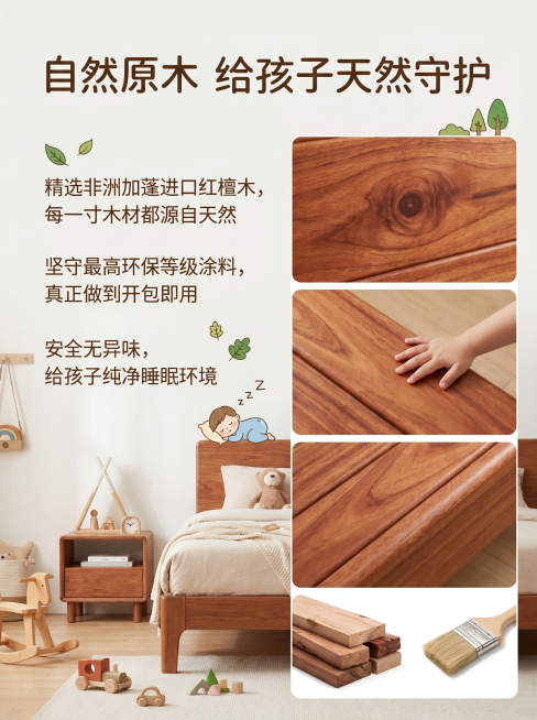 电商详情页第二屏，设计理念板块，主题为【自然原木 给孩子天然守护】。内容：精选非洲加蓬进口红檀木，每一寸木材都源自天然，坚守最高环保等级涂料，真正做到开包即用，安全无异味，给孩子纯净睡眠环境。排版：左预览效果