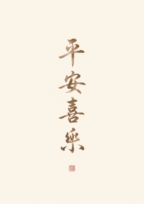 新式国风禅意平面装饰画，大面积留白构图，温润柔和的行书字体书写"平安喜乐"四字，笔触舒展不生硬，角落点缀一枚小巧红色篆刻印章，柔雾米白色干净底色，整体平和舒缓、规整雅致，竖版构图，主体严格居中，四周均预览效果
