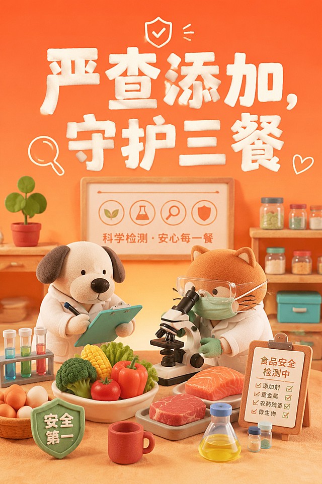 参考图风格，毛绒黏土3D风格，食品安全检测宣传海报，主题文字为"严查添加，守护三餐"，食品安全检测场景，A4尺寸，暖色调，整体风格可爱温馨，保留毛绒质感的3D黏土设计