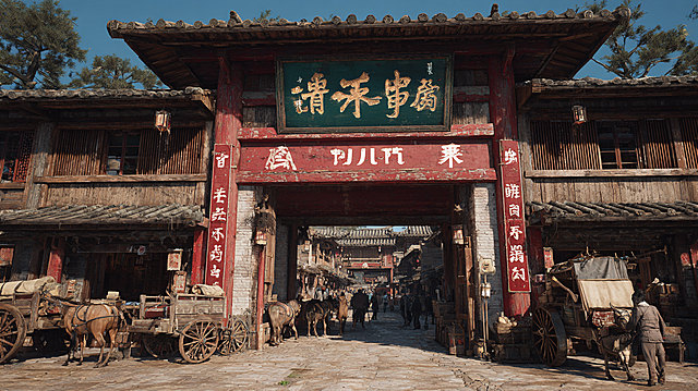 Anyun Castle Ruyun Inn gate scene, 3D realistic animation, spirit world city inn, tall attic building, wooden structure, vermilion gate, gold-powder ancient Chinese characters "Ruyun Inn" plaque hanging on the lintel, various beast carts parked under the awning on both sides, the pulling beasts look like deer but not deer, like horses but not horses, countless cultivators and mortals coming and going, blue stone paved street, city outline visible in the distance, clear light and shadow, oblique sunlight, UE5 rendering, 4K quality, cinematic dynamic light and shadow, realistic building texture, clear beast details, combination of worldly atmosphere and fairy cultivation feeling