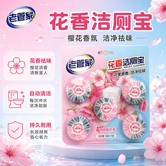 [主图-1] 老管家花香洁厕宝首图，突出产品识别与购买欲，樱花洁净氛围。
[统一基调] 整体风格为洁净清爽的抖音电商风，背景主色为樱花粉渐变浅蓝，标题字色为深粉色，辅助字色为深灰色，强调色为樱花粉，字体为圆润粗体无衬线中文字体，字号层级分明，卡片用圆角半透明白底，图标为简约线性风格。
[画面] 产品居中偏右，占画面约65%，展示完整的老管家花香洁厕宝5枚装吸塑包装，包装正面清晰可见"老管家"品牌Logo、"花香洁厕宝"字样、樱花图案和"初绽樱花香 50克×5枚"文字，产品外观、颜色、结构与输入图完全一致。背景为柔和的樱花粉到浅蓝渐变，点缀飘落的樱花瓣和晶莹水珠，营造洁净花香氛围。左上角放置"老管家"品牌Logo。底部有三列小图标亮点：花香祛味、自动清洁、持久耐用。
[光影质感] 商业摄影质感，主光从左上方打来，产品表面有柔和反光，包装塑料质感通透，底部有自然接触阴影，整体明亮通透。
[配色] 樱花粉、浅蓝、白色为主，深粉色标题字，深灰辅助字，整体清新洁净。
[文字版式] 左上角品牌Logo，右侧上方大标题"花香洁厕宝"，副标题"樱花香氛 洁净祛味"，底部三列图标配短文字。文字清晰可读，不遮挡产品主体。
[输出要求] 1:1正方形比例，文字清晰无错字，产品清晰不变形，画面干净整洁，无水印无平台Logo，禁止出现极限词和违禁词。