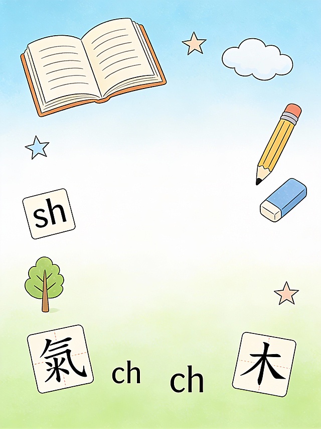 清新教育风封面背景，竖版3:4比例，浅蓝与薄荷绿柔和渐变背景，画面中央大面积留白（用于加文字），四周点缀手绘风格教育元素：打开的书本、铅笔、橡皮、拼音字母卡片（如“sh”“ch”）、汉字偏旁（如“氵”“木”）、小树苗、星星和云朵，整体风格简洁、干净、明亮，无任何文字，扁平插画风，高清细节，柔和光影 --ar 3:4 --style raw