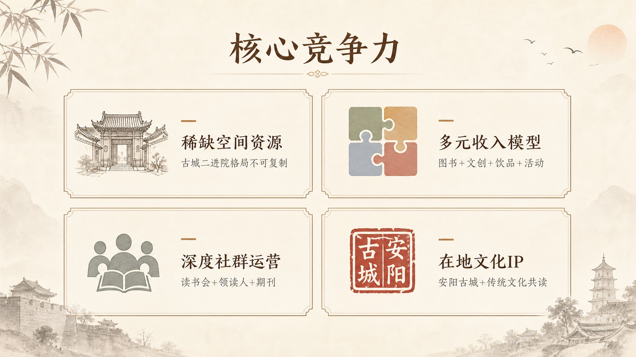 PPT核心竞争力页，文艺书香风格，暖米白底色，标题"核心竞争力… - 图片创意预览