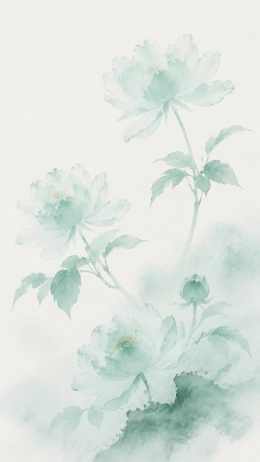 新中式水墨花卉，浅青绿色调，写意国画风格，淡雅空灵，花卉花枝，和参考图风格一致，不同的花卉布局构图预览效果