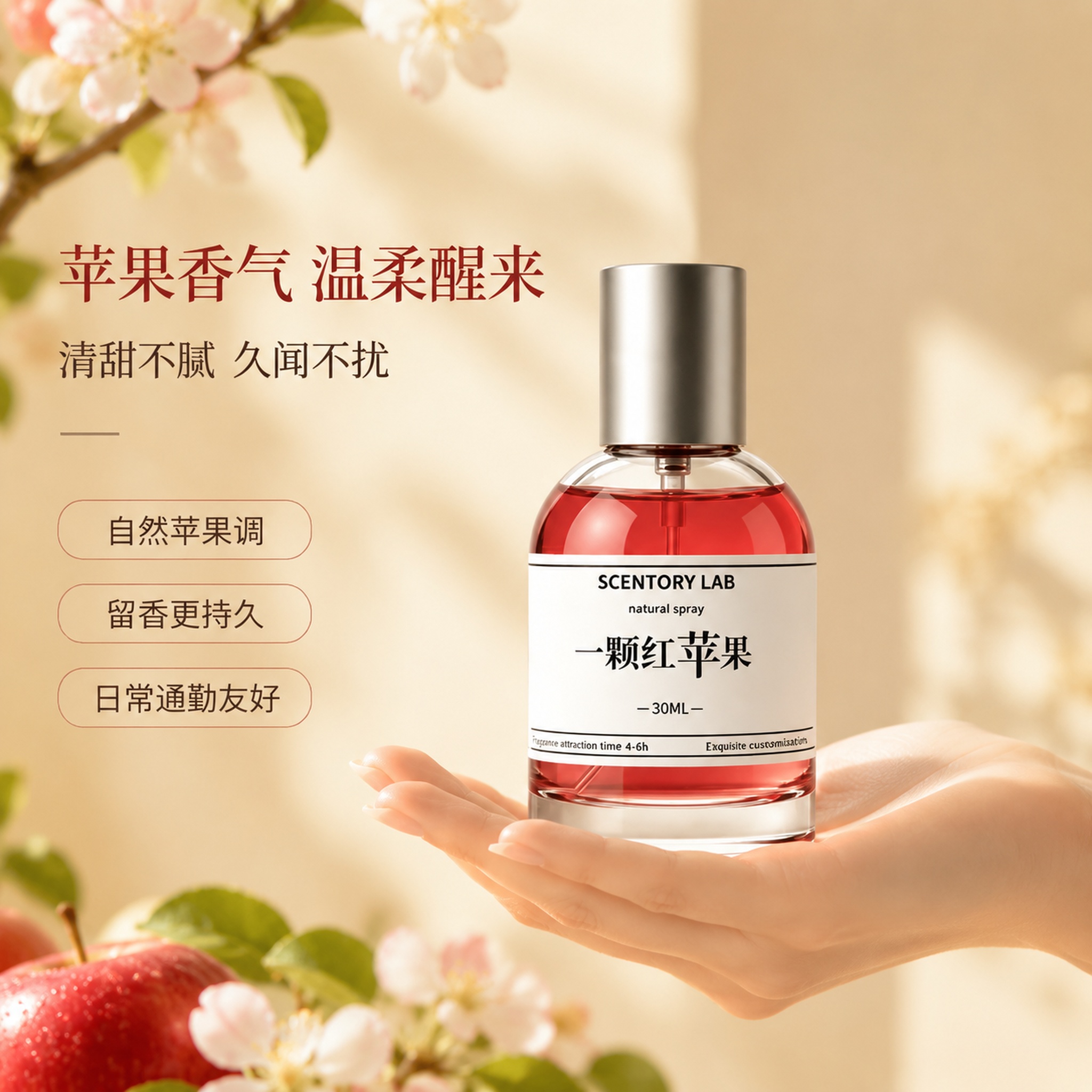 电商香水主图，一颗红苹果香水手持展示图。参考图风格：温暖治愈系… - 图片创意预览