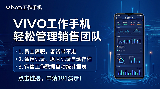 16:9比例，保持系列海报一致的深蓝色专业商务科技风格，左上角放置品牌文字"VIVO工作手机"，居中放置主标题：第一行"VIVO工作手机"第二行"轻松管理销售团队"，主标题下方分点展示三个核心卖点：1."员工离职，客资带不走"2."通话记录、聊天记录自动存档"3."销售工作数据自动统计报表"，底部放置引导转化文案"点击链接，申请1V1演示！"，右侧保留手机数据可视化界面展示，整体版式、配色、风格和之前系列海报保持统一，所有文字清晰可读，排版层级分明，科技商务氛围