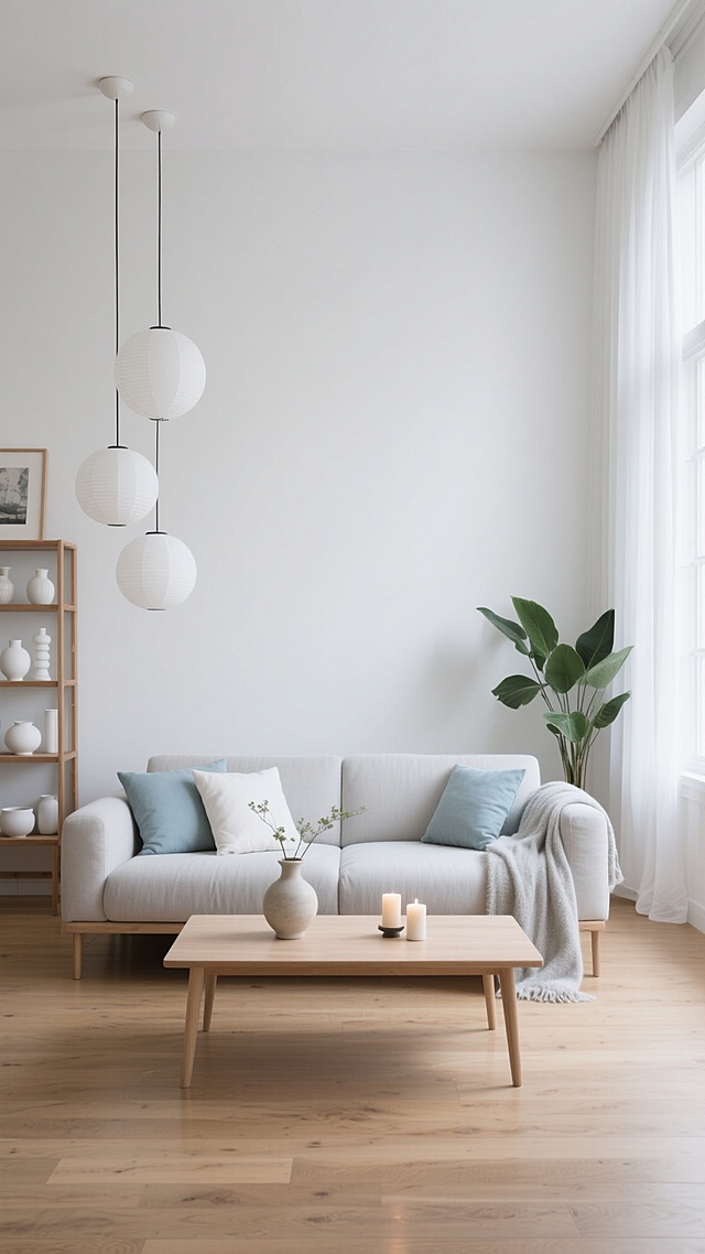 极简主义风格室内场景，以纯净的白色为主色调，搭配原木色地板与浅灰色布艺沙发，柔和的自然光透过白色纱帘洒入，营造出明亮通透、宁静舒适的氛围。画面中巨大的白色背景墙简洁干净，低矮的浅色木质茶几上摆放着简约的陶瓷花瓶与蜡烛摆件，沙发上散落着几个白色与浅蓝色靠垫，一侧随意搭着浅灰色毛毯。左侧悬挂着三个球形白色吊灯，旁边的木质层架上陈列着白色陶瓷器皿与装饰画，右侧窗边有大型绿植增添生机。整体构图采用开放式布局，线条流畅，空间感强，注重留白设计，呈现出简约而不失格调的现代家居美学。