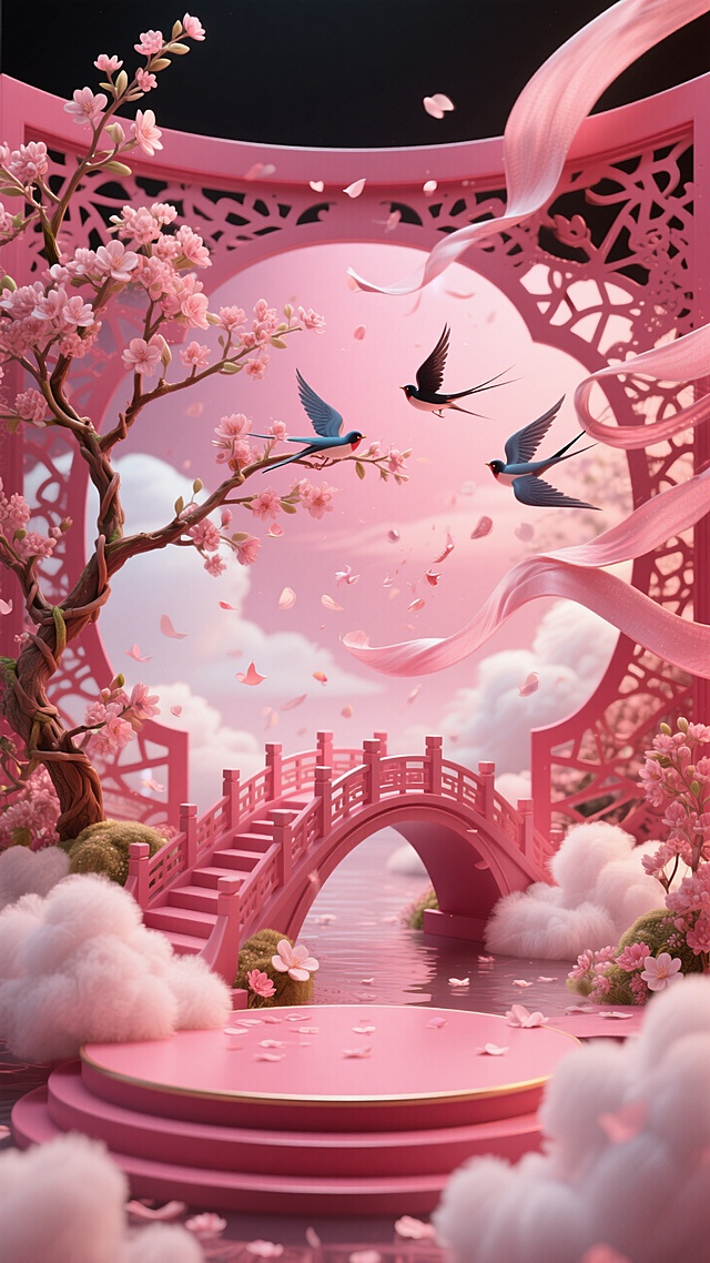 梦幻中式3D场景，虚拟自然与超现实主义结合，粉色桥梁、飞鸟和花瓣营造浪漫氛围。