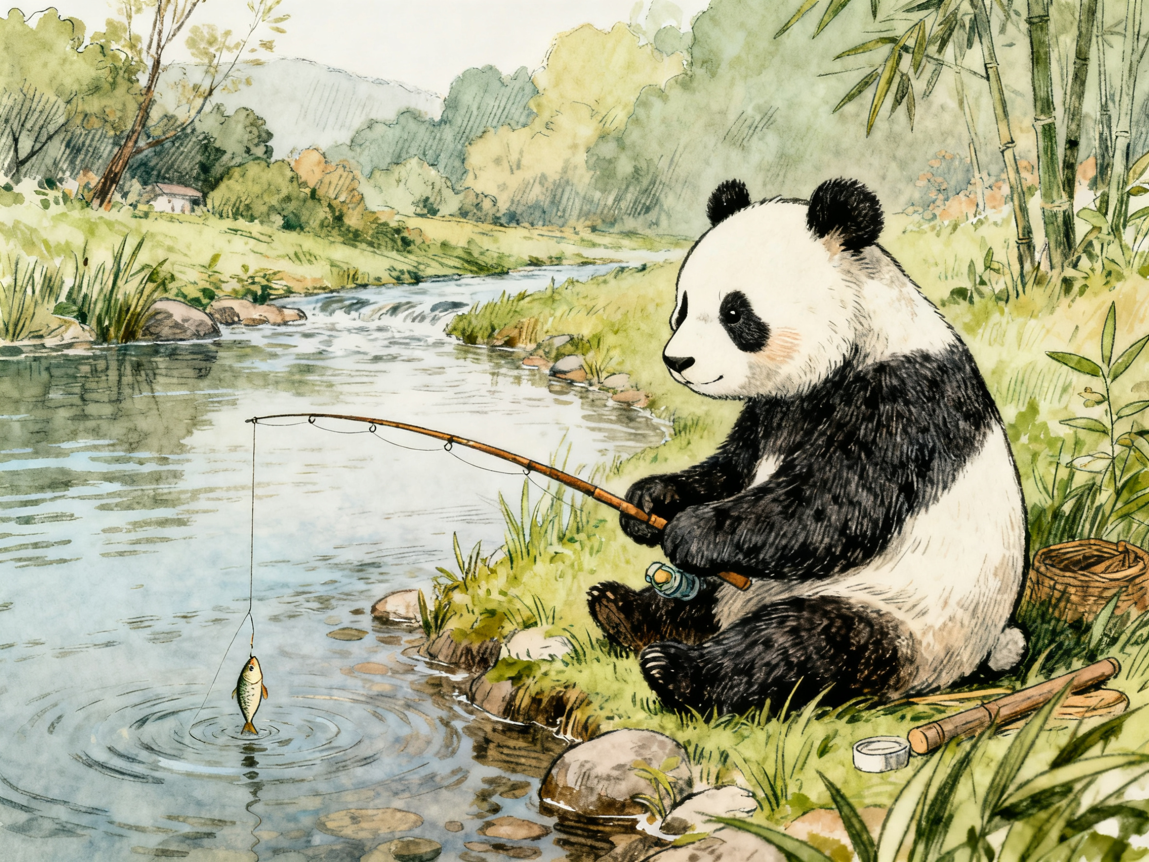 一只可爱的小熊猫坐在河边钓鱼，手绘插画风格，画面温馨治愈 - 图片创意预览