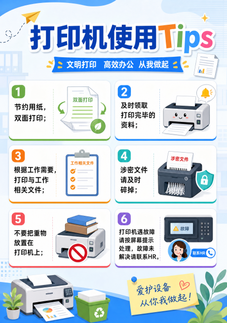设计一份A4尺寸的打印机房使用提示海报，彩色丰富风格，色彩明快舒适，标题为"打印机使用Tips"，正文包含6条使用注意事项：1、节约用纸，双面打印；2、及时领取打印完毕的资料；3、根据工作需要，打印与预览效果