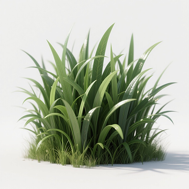 一张高质量3D渲染的草丛插图，采用超写实风格，画面主体为一丛茂密的绿色草本植物。草叶呈现出细长、锐利的形态，具有清晰的叶脉纹理和自然的弯曲弧度，不同高度的草叶交错生长，形成丰富的层次感。整体色调以深浅不一的绿色为主，从底部的深绿色逐渐过渡到草尖的嫩绿色，色彩和谐统一。光线从斜上方照射，在草叶表面形成细腻的高光和微妙的阴影，增强了叶片的立体感和质感，草叶边缘有轻微的反光效果。草丛底部聚集，向上逐渐散开，呈现出自然生长的蓬勃姿态，每一片草叶都具有独立的形态和细节，整体构图饱满且富有生机，背景为纯白色，突出草丛主体的细节和质感。