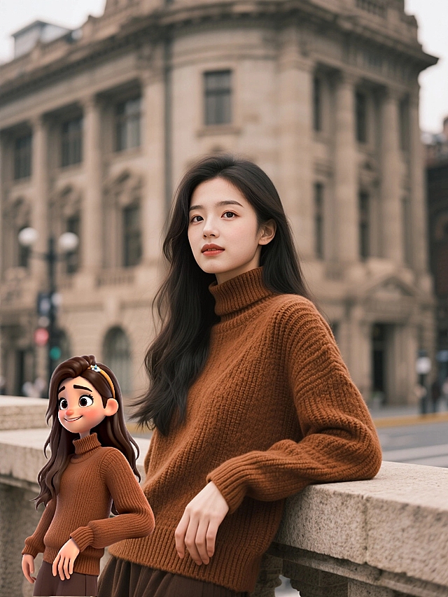 很好看的Q版焦糖色针织衫女孩~